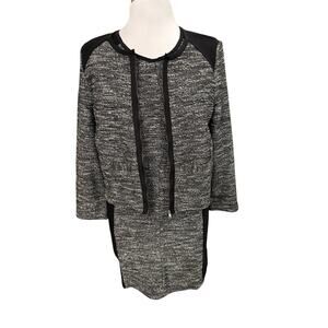 Eileen Fisher Black Grey Tweed Dress Blazer Jacket Set Colorblock Medium Petite